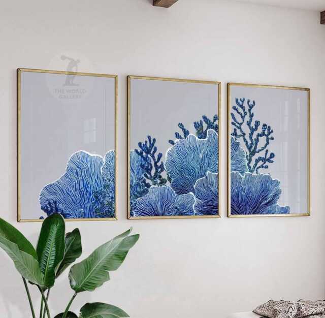 Set Of 3 Coral Reef Wall Art Prints, Blue Ocean Posters, Coastal Nautical Sea Life Home Decor - image 1