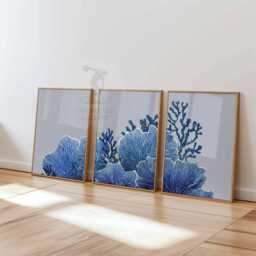 Set Of 3 Coral Reef Wall Art Prints, Blue Ocean Posters, Coastal Nautical Sea Life Home Decor - thumbnail 3