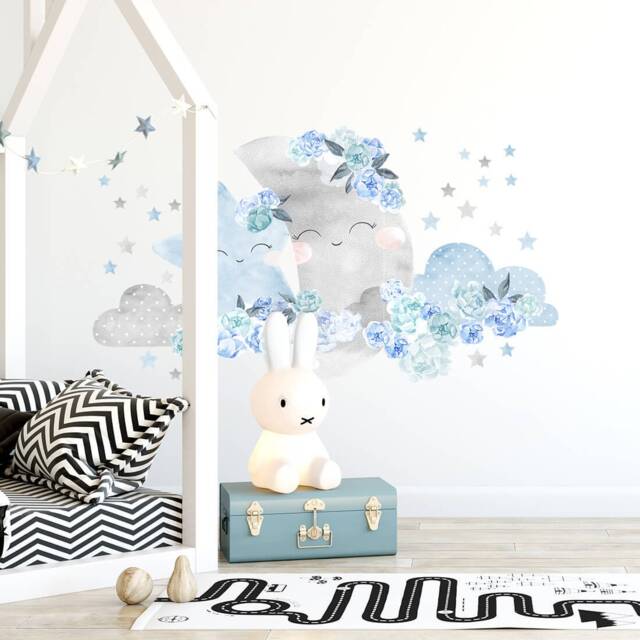 Wall Decor Moon Blue, Flower Wallpaper, Nursery Wall Art With Flowers, Stickers For Kids, Peony Decal - image 1