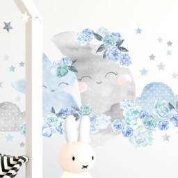 Wall Decor Moon Blue, Flower Wallpaper, Nursery Wall Art With Flowers, Stickers For Kids, Peony Decal - thumbnail 3