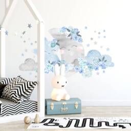 Wall Decor Moon Blue, Flower Wallpaper, Nursery Wall Art With Flowers, Stickers For Kids, Peony Decal - thumbnail 1