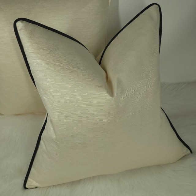 Bamboo Black Piped Vanilla/Cream Luxury Cushion Cover Bold Satin Fabric, Textured Ribbed Modern Sofa Bed Pillow Accent, Design No 14 - image 1