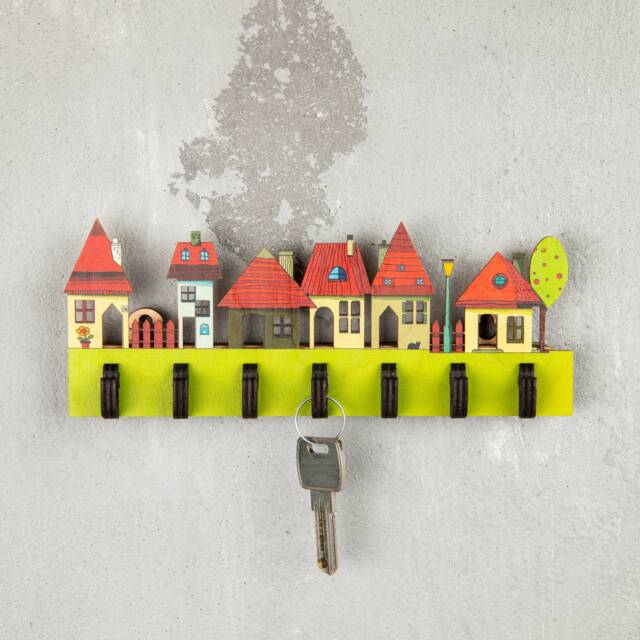 Colourful Street Keys Holder, Wooden Key Holder, Entryway Hanger, Hall Tidy, Rustic Decor, Wood Hook Display, Hook, Storage - image 1