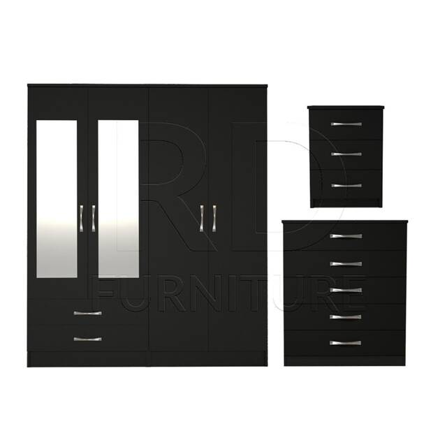 Bedroom Set, Black Set, Wardrobe, Mirrored Chest Of Drawers & Bedside Table. Ready Assembled - image 1