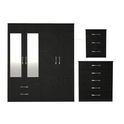 Bedroom Set, Black Set, Wardrobe, Mirrored Chest Of Drawers & Bedside Table. Ready Assembled