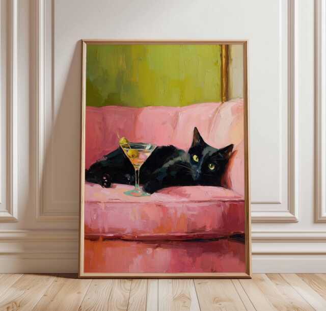 Black Cat Martini Poster, Funny Wall Art Print, Retro Oil Painting Style, Pink Couch Aesthetic Decor, Quirky Home Bar Artwork - image 1
