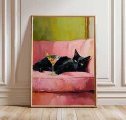 Black Cat Martini Poster, Funny Wall Art Print, Retro Oil Painting Style, Pink Couch Aesthetic Decor, Quirky Home Bar Artwork - thumbnail 1