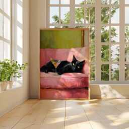 Black Cat Martini Poster, Funny Wall Art Print, Retro Oil Painting Style, Pink Couch Aesthetic Decor, Quirky Home Bar Artwork - thumbnail 3