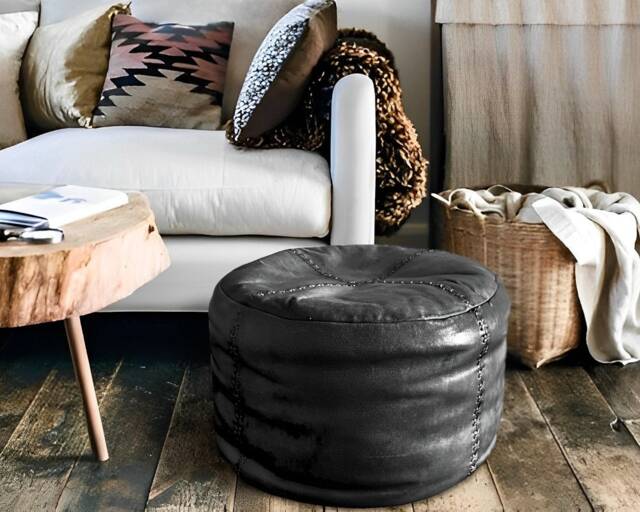 Leather Pouf Vintage Black - image 1