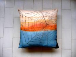 Hand Painted Pillow, Blue Orange Cushion Cover, Cover Pillows Silk, Painted Unique Gift, Spider