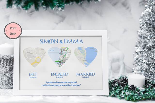 Wedding Gift Print, Engagement 1st Anniversary Gift, Mapped Heart Art, Keepsake, Map Lover Print Only - image 1