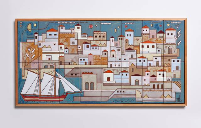 Coastal City Harbor Ceramic Mural Handpainted Tile Summer Decor Geometric Art Sailing Boat Framed Wall Architect Gift Nautical - image 1