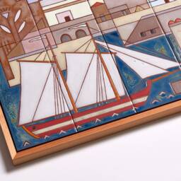 Coastal City Harbor Ceramic Mural Handpainted Tile Summer Decor Geometric Art Sailing Boat Framed Wall Architect Gift Nautical - thumbnail 2