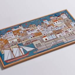 Coastal City Harbor Ceramic Mural Handpainted Tile Summer Decor Geometric Art Sailing Boat Framed Wall Architect Gift Nautical - thumbnail 4