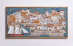 Coastal City Harbor Ceramic Mural Handpainted Tile Summer Decor Geometric Art Sailing Boat Framed Wall Architect Gift Nautical - thumbnail 1