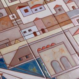Coastal City Harbor Ceramic Mural Handpainted Tile Summer Decor Geometric Art Sailing Boat Framed Wall Architect Gift Nautical - thumbnail 3
