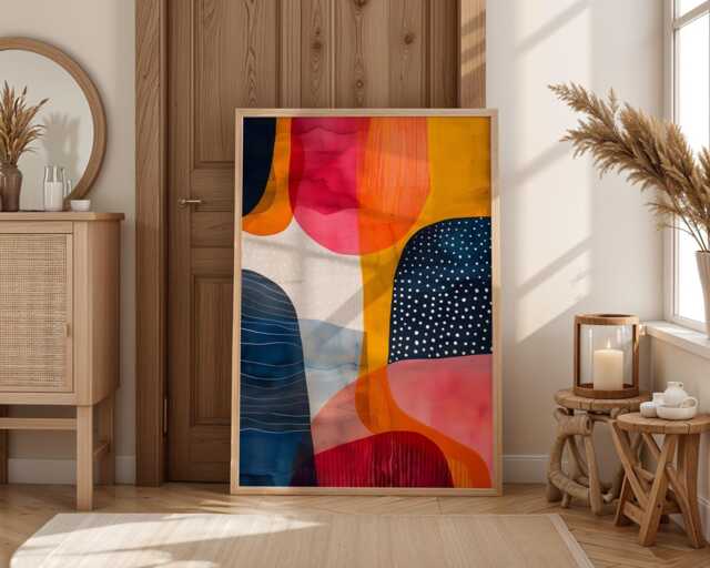 Colourful Shapes Abstract Art Print Dots Watercolour Geometric Line Painting Nordic Design Artwork Colour Splash Pop Home Wall Decor Gift - image 1