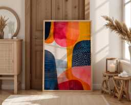 Colourful Shapes Abstract Art Print Dots Watercolour Geometric Line Painting Nordic Design Artwork Colour Splash Pop Home Wall Decor Gift - thumbnail 1