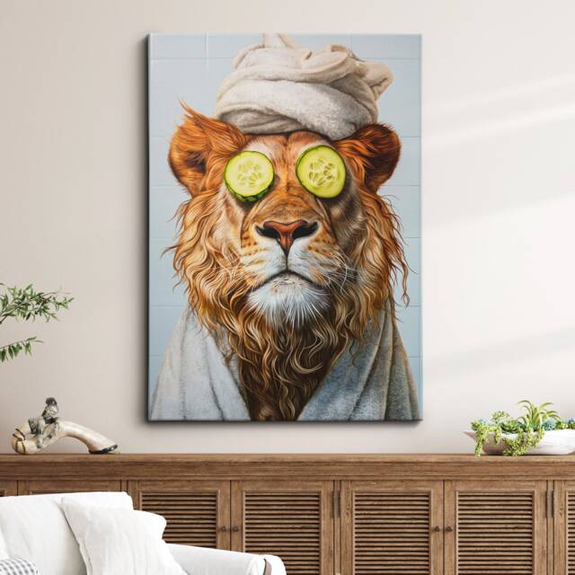Lion Beauty Care Towel Bath Tub Framed Poster Print & Canvas Wall Decor Art Painting Bedroom Home Bathroom Funny Animal Lover Gift - image 1