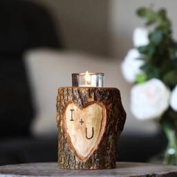 Custom Etched Initials Wood Heart Tealight Or Votive Candle Holder - Personalize Your Burned in 5 Year Anniversary Gift - thumbnail 2