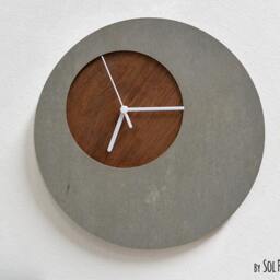 Concrete Circle Wall Clock With Wooden Hole - Modern Contemporary Minimalist Art Home Deco Housewarming Gift Idea - thumbnail 2