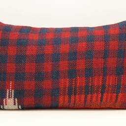 Vintage Turkish Kilim Pillow Cover, Red & Navy Plaid, 12x20 - thumbnail 2
