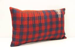Vintage Turkish Kilim Pillow Cover, Red & Navy Plaid, 12x20 - thumbnail 1