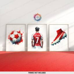 Boys Football Prints - Set Of 3 Posters - Custom Bedroom Decor Kids Wall Art Soccer Artwork Personalised Footballer Gift Red - thumbnail 2