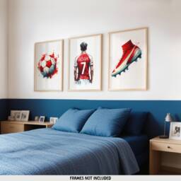 Boys Football Prints - Set Of 3 Posters - Custom Bedroom Decor Kids Wall Art Soccer Artwork Personalised Footballer Gift Red - thumbnail 1