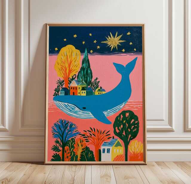 Whale Village Poster, Folk Art Wall Art, Coastal Fantasy Print - image 1