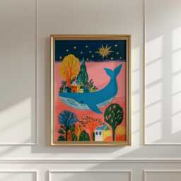 Whale Village Poster, Folk Art Wall Art, Coastal Fantasy Print - thumbnail 3