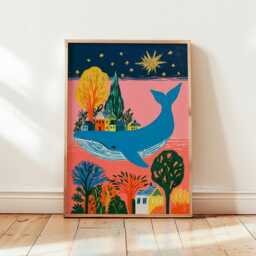 Whale Village Poster, Folk Art Wall Art, Coastal Fantasy Print - thumbnail 4