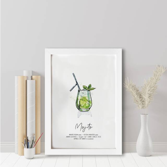 Mojito Cocktail Recipe Print Illustrated Bar Cart Wall Art - image 1