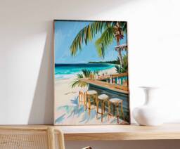 Caribbean Beach Bar Poster, Tropical Wall Art, Decor, Cocktail Seaside Botanical Print - thumbnail 1