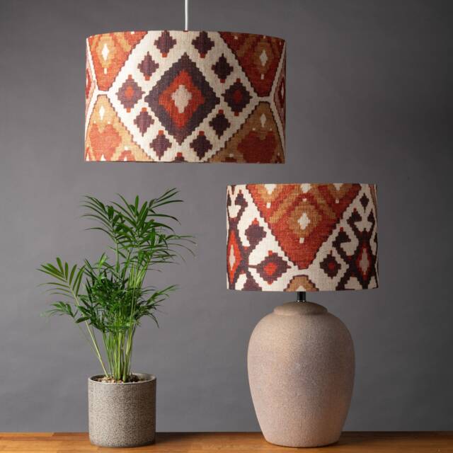 Linen Kilim Turkish Style Lampshade. Geometric Ikat Terracotta & Rust Design, Cylinder Shade. 30cm & 40cm Sizes Available - image 1