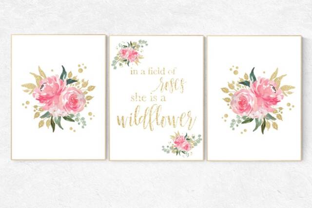 Pink Roses Nursery Decor Gold Floral Girl Room Art Print - image 1