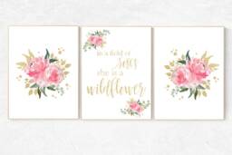 Pink Roses Nursery Decor Gold Floral Girl Room Art Print - thumbnail 1