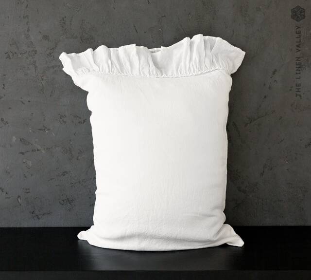 Optical White Linen Pillow Sham With Ruffles - True Standard, Queen, King, Sizes- Bright Softened - image 1