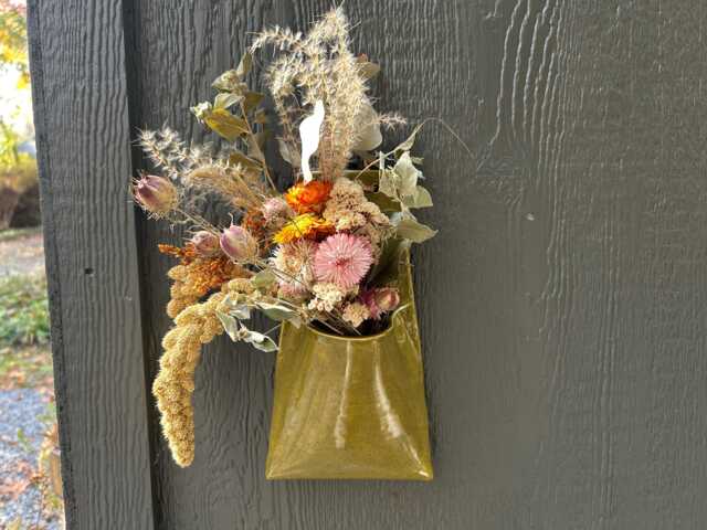 Ceramic Wall Pocket in Avocado With Vegetable Tanned Leather Hanger - image 1