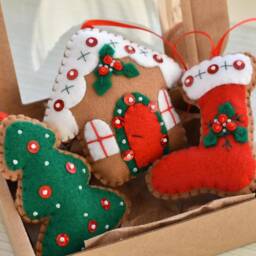 Handmade Felt Christmas Ornaments, Set Of 3 Tree, House, Stocking - thumbnail 1