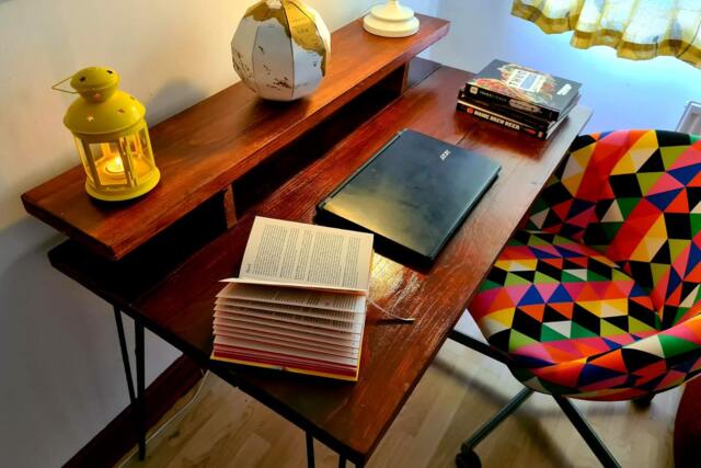 Reclaimed Wood Desk With Monitor Shelf Industrial Hairpin Leg Table - image 1