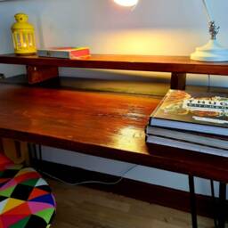 Reclaimed Wood Desk With Monitor Shelf Industrial Hairpin Leg Table - thumbnail 3