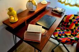 Reclaimed Wood Desk With Monitor Shelf Industrial Hairpin Leg Table - thumbnail 1