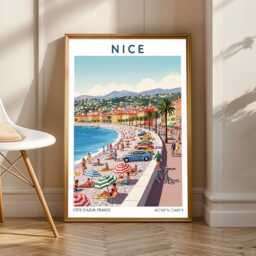 Vintage Nice Beach Promenade Poster French Riviera Travel Art - thumbnail 1