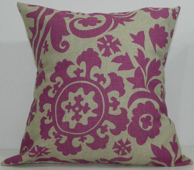 New 18x18 Inch Designer Handmade Pillow Case in Fuschia & Taupe Suzani