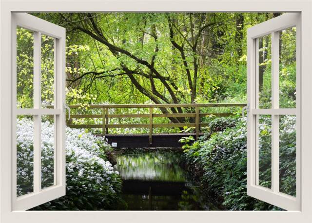 Bridge Over The River With Blooming Flowers Wall Decal, 3D Window View Nature Sticker Mural, Living Room Home Decor