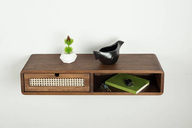 Floating Console Table With One Rattan Drawer & Open Shelf in Solid Oak - Entryway - image 1
