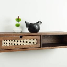 Floating Console Table With One Rattan Drawer & Open Shelf in Solid Oak - Entryway - thumbnail 2