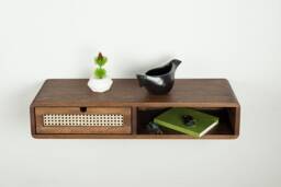 Floating Console Table With One Rattan Drawer & Open Shelf in Solid Oak - Entryway - thumbnail 1