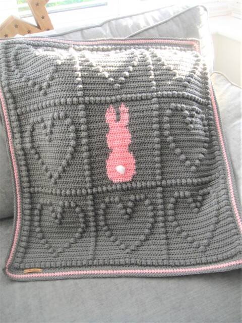 Crochet Baby Blanket Grey Star & Pink Bunny, Tactile Popcorn Design - image 1